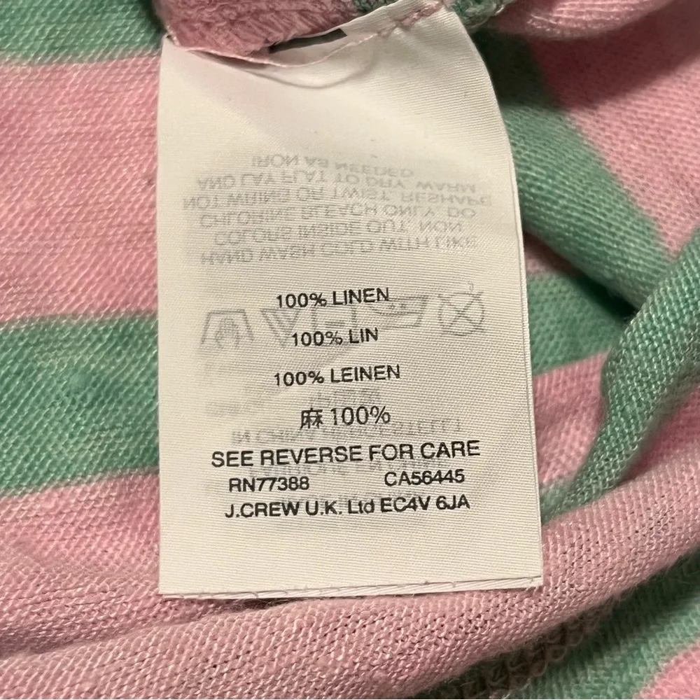 J. Crew Pink Green‎ Stripe 100% Linen Cap Sleeve Pocket Shirt Top Size XS *FLAW*